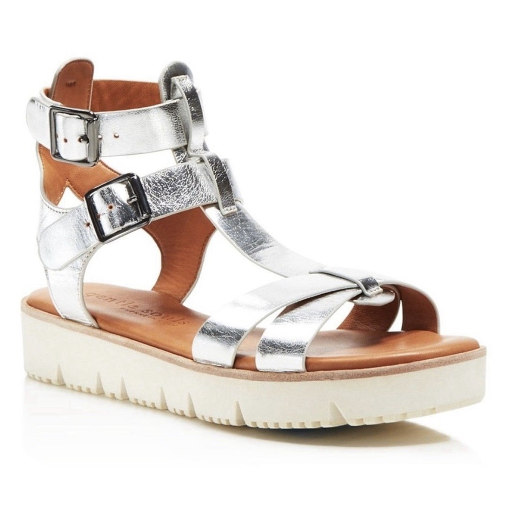 Gentle Souls Kenneth Cole Sandals 9M Khloe T-Strap Gladiator Silver Leather Boho
